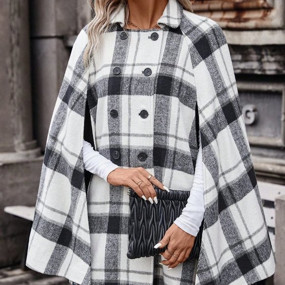 Plaid Print Cloak Sleeve Double Breasted Cape - Picture 5 of 5